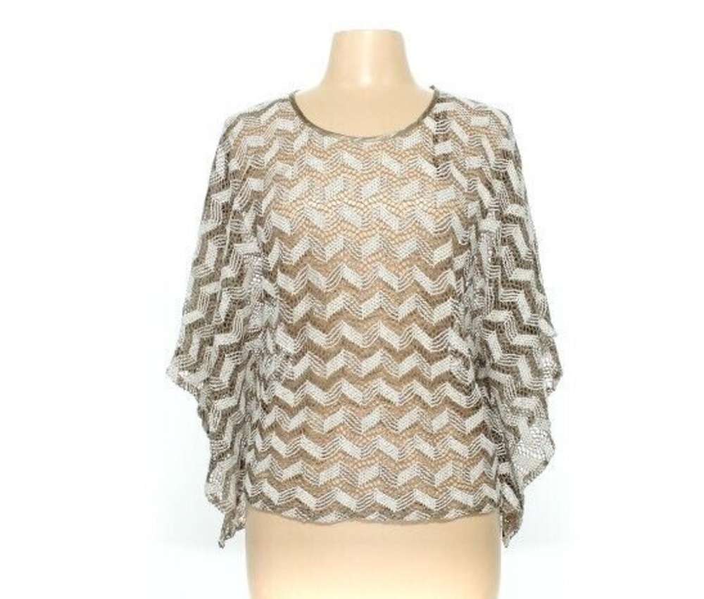 Valerie Stevens Batwing Top Tan Cream L Open Weave Chevron Boho